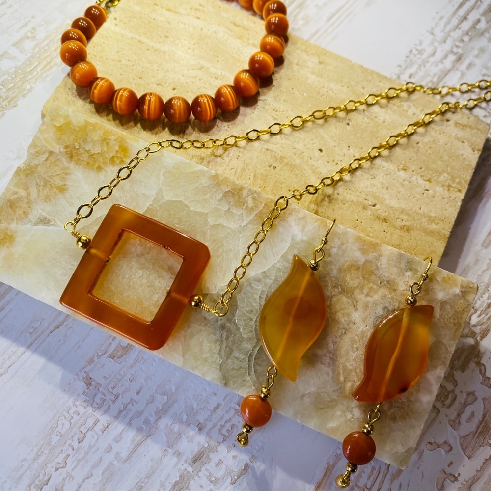Orange Carnelian 18K Necklace Bracelet Earrings